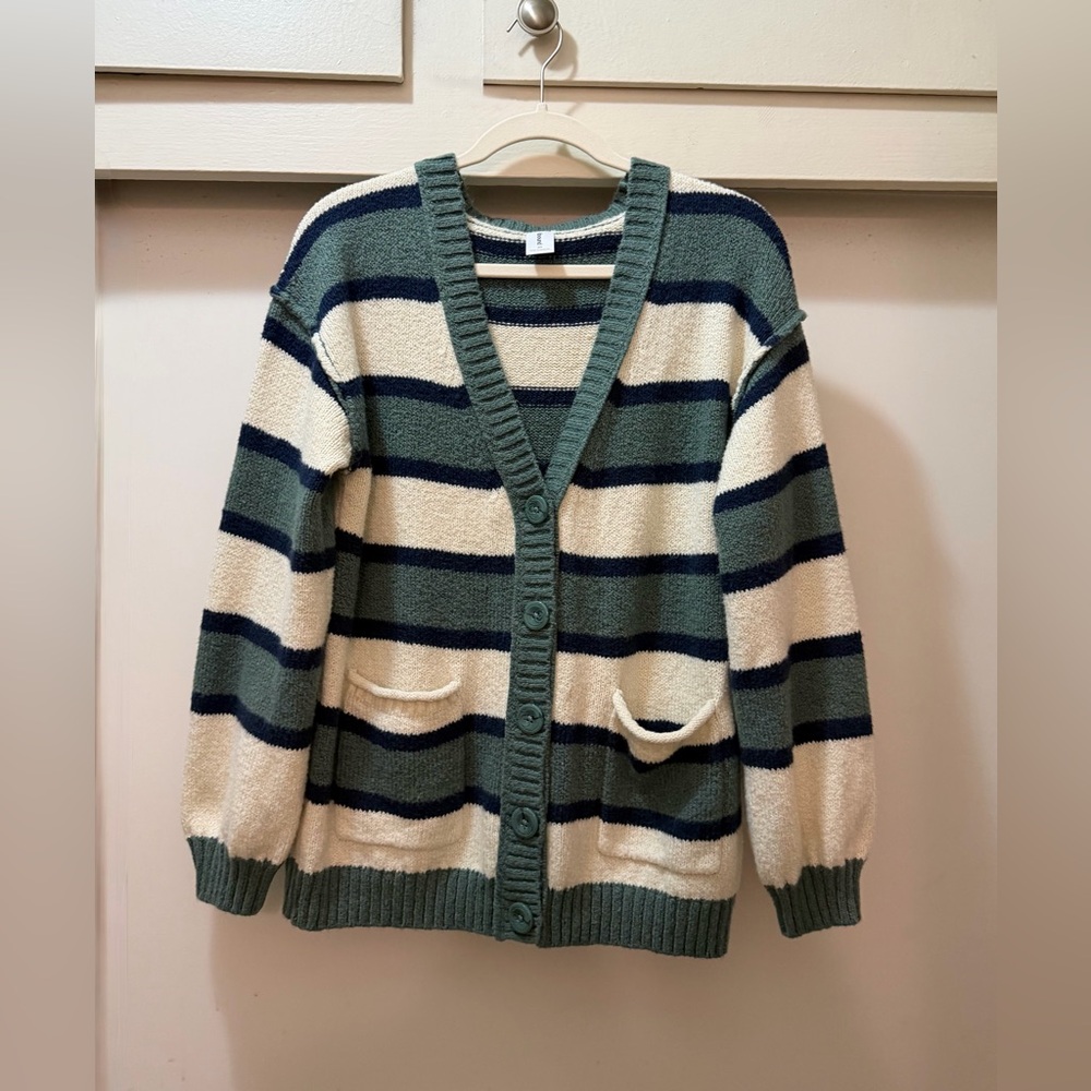 Abound Oversize Boyfriend Cardigan XS Green-Cream Stripe NWOT